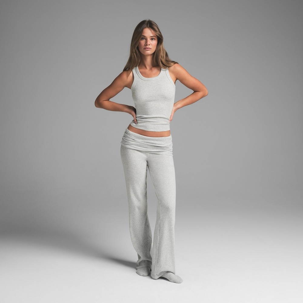 NWOT SKIMS COTTON RIB FOLDOVER STRAIGHT LEG PANT - LIGHT HEATHER GREY